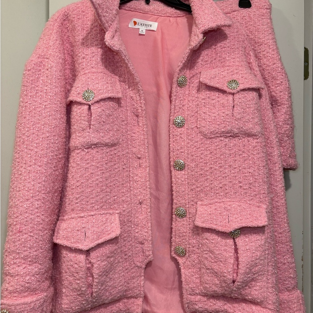L'ATISTE Pink Jacket and Skirt Set with Textured Finish